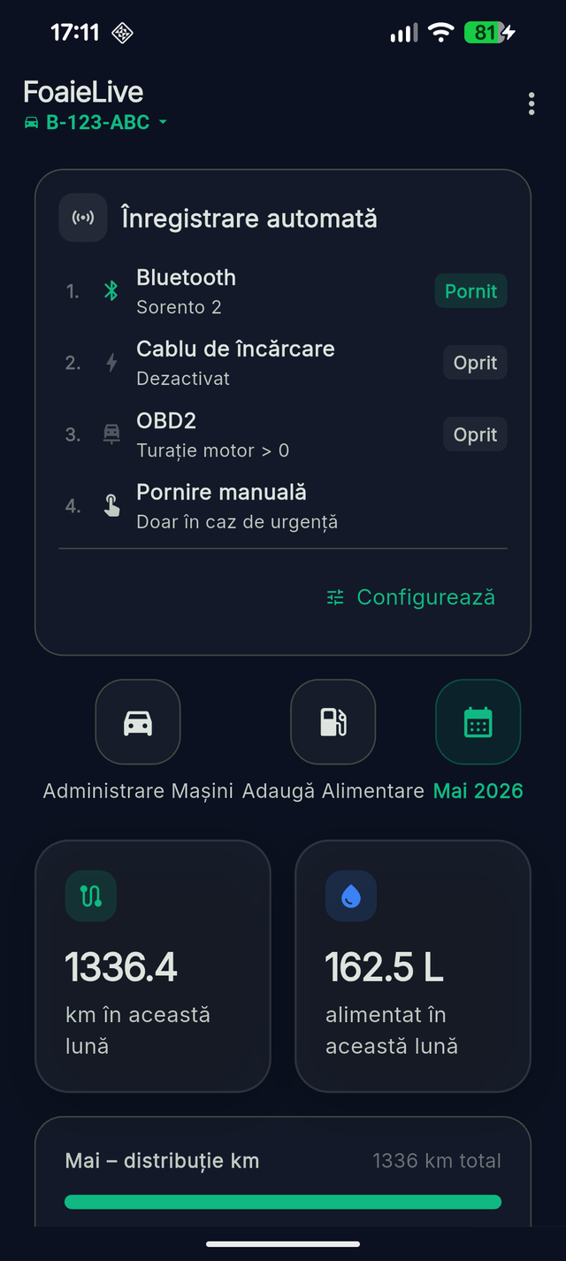 Aplicația FoaieLive — foaie de parcurs automată, înregistrare GPS și consum pe telefon